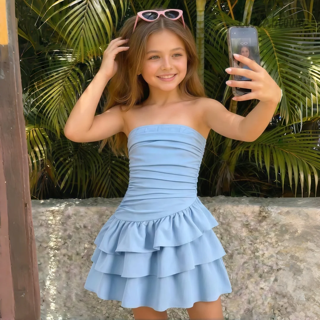 

Custom Girls' Wedding Attire Blue Strapless Flower Girl Dress Layered Skirt Women's Wedding Party Attire Dress свадебное платье