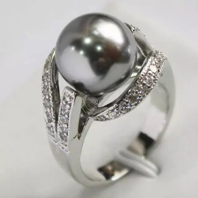 12mm Real Gray South Sea Shell Pearl Ring Size 6/7/8/9 AAA Grade