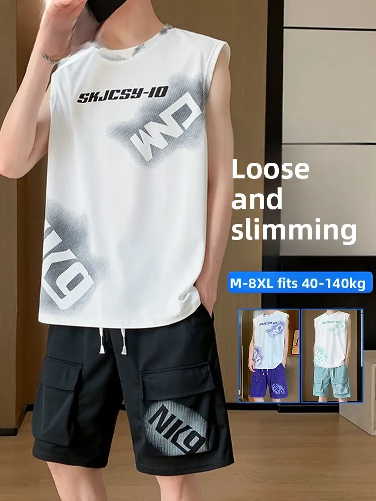 

Mochao Large Size Vest Shorts Set Men's Summer Loose Sleeveless Casual Sports Suit Polyester Fiber 100% Comfortable Fit