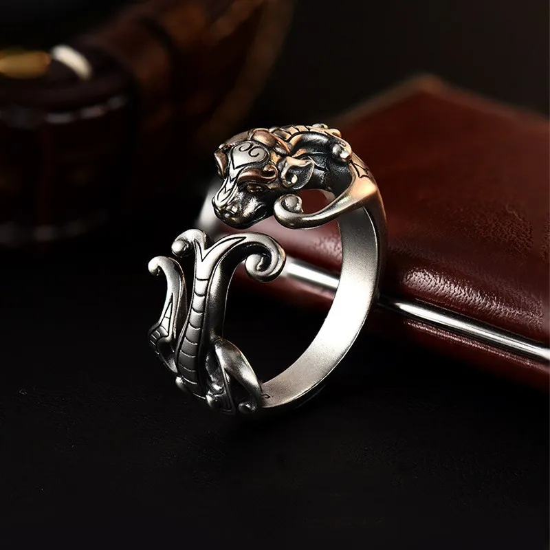 الرجعية القديمة Chilong خاتم الرجال التايلاندية الفضة الدائري الاتجاه الوطني التصميم الإبداعي الراقية افتتاح حلقة #3