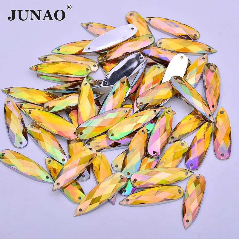 JUNAO 30Pcs 8*28mm Yellow AB Sew Acrylic Teardrop Rhinestones Applique Flat Back Crystal Stone For Clothes Wedding Decoration