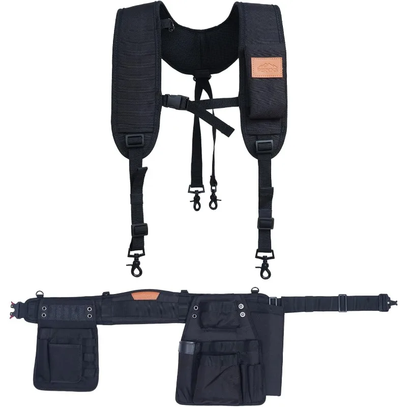 Essential Tool Belt Set With Suspenders, Ideal for Framers, Carpenters and Contractors, Large Size, Black