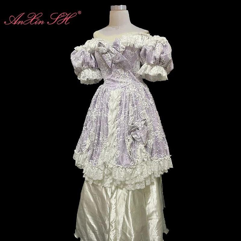 AnXin SH vintage princess purple ruffles flower lace white satin boat neck puff sleeve big bow Antique customized wedding dress