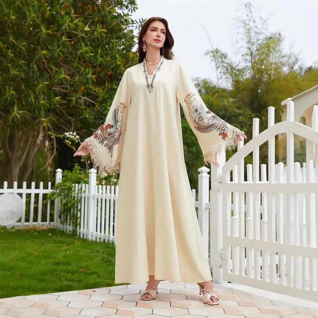

Muslim Women's Nc44 Robe V-neck Printed Tassel Elegant Arabic Dress Abaya Robe Abaya Ramadan Dubai Luxury Islam Elegant