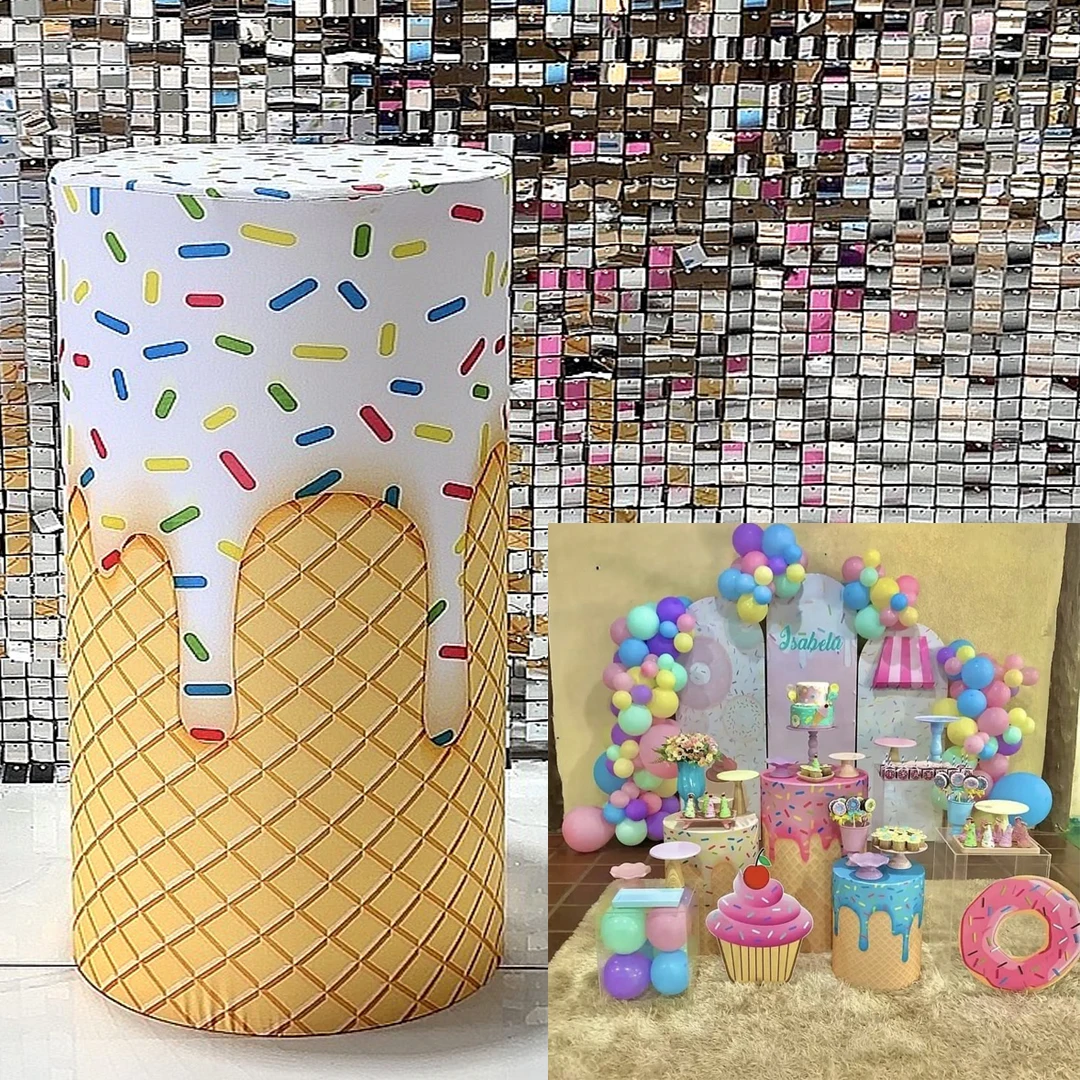 Doughnut Theme Pedestal Cylinder Elastic Fabric Covers for Birthday Wedding Baby Shower Party Decoration,Multiple Dimensions