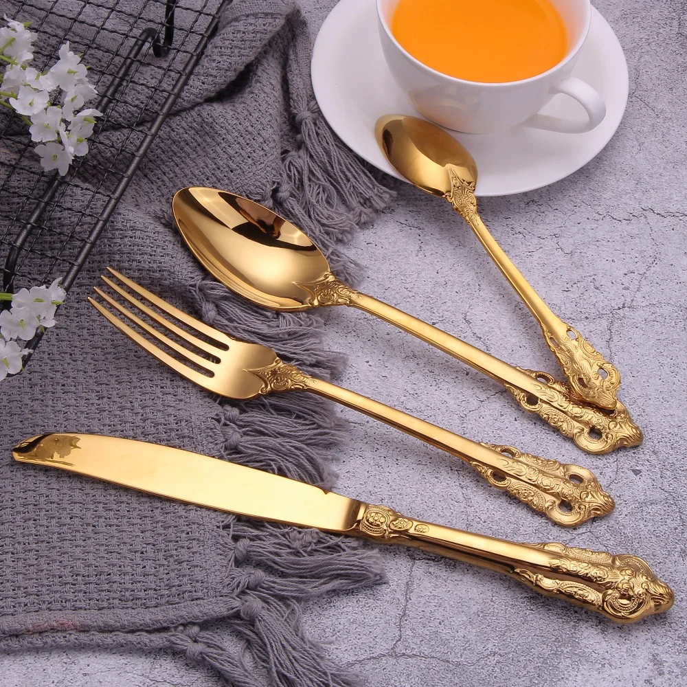 4/8/12/16/20/24 PCS Gold 18-10 Stainless Steel Flatware Set Unique Cutlery Set Wedding Tableware Fork Spoon Knives Silverware