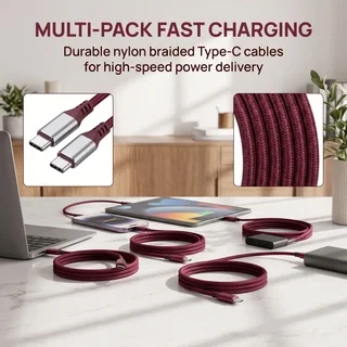 5 Sets of Wine Red Nylon Braided USB-C Fast Charging Data Cables, Each 3 Feet Long, Compatible with iPhone 16/15 Pro Max/17 Pro Max/18 Pro Max and All Type-C Devices