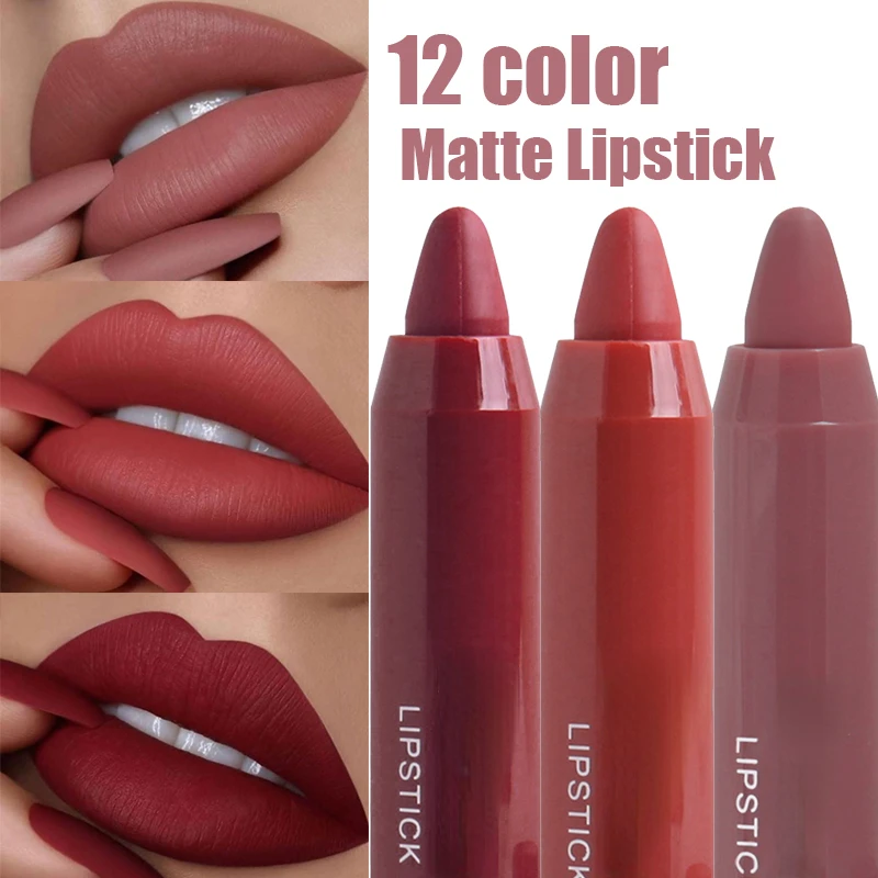 12 Colors Sexy Matte Lipstick Waterproof Long Lasting Color Rendering Non-stick Velvet Lips Liner Pencil Woman Makeup Cosmetics