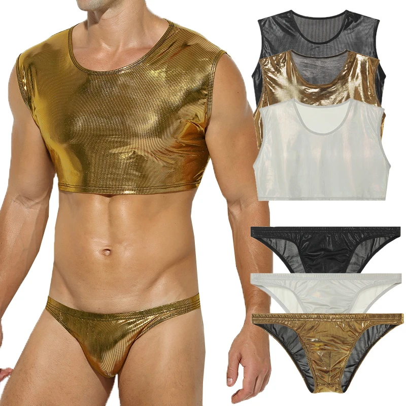 Mens Shiny Undershirts Briefs Faux Leather Chest Harness Penis Pouch Low Waist Panties Underwear Lingerie Gay Party Clubwear