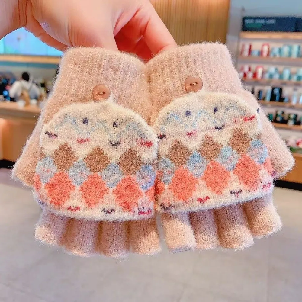 Durable Polyester Convertible Flip Top Gloves Argyle Pattern 6-14 Years Mitten Cover Gloves Warm Knitted Gloves For Boys