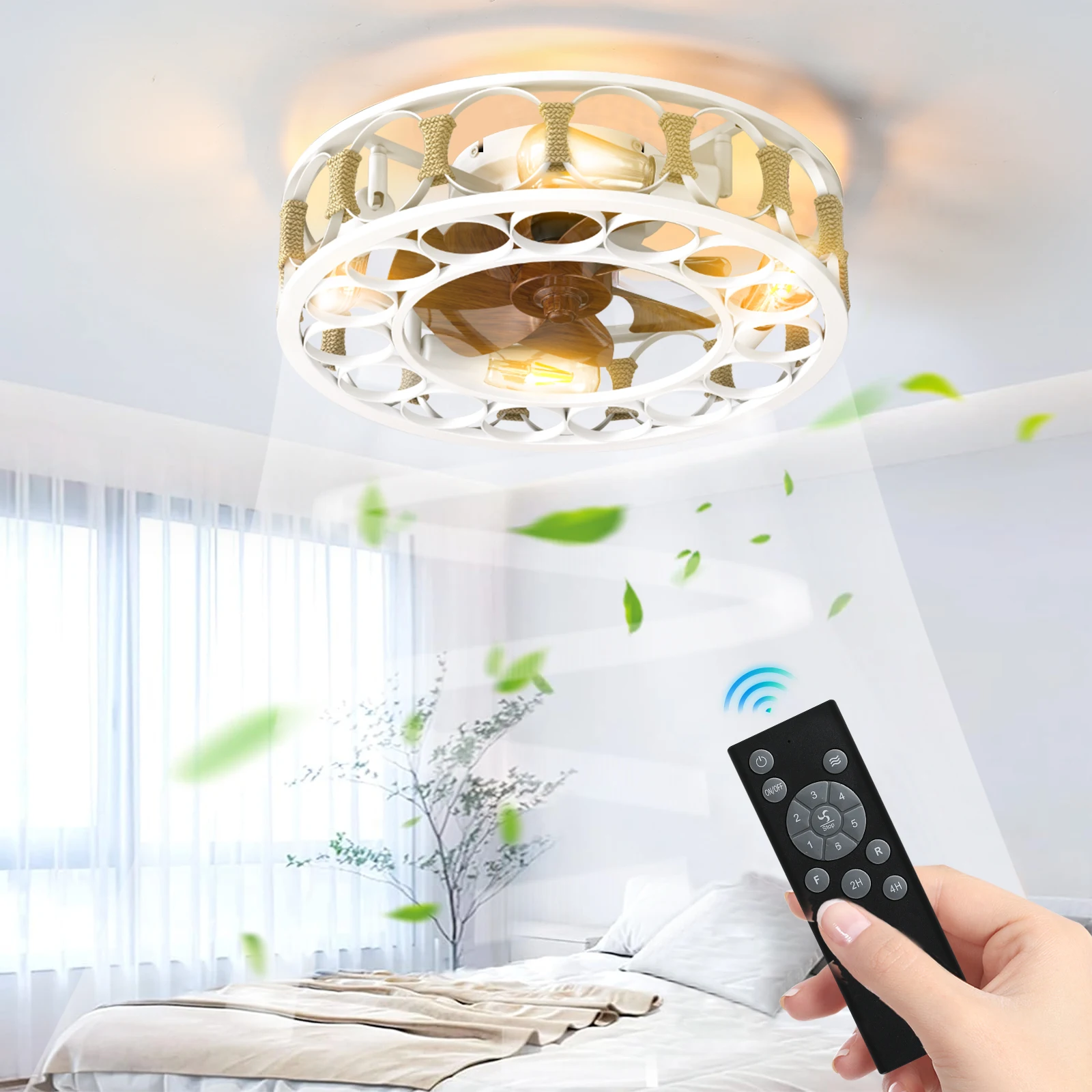 White Caged Ceiling Fan with Lights Remote Control,Semi -embedded Ceiling fans, 6 Speeds Reversible Blades, 4 Bulbs Include