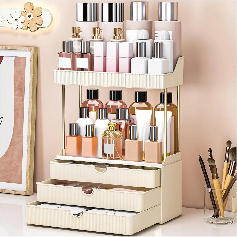 

3-Drawer 2-Tier Makeup Organizer with Shelves for Bathroom, Kitchen, and Desk Storage in White