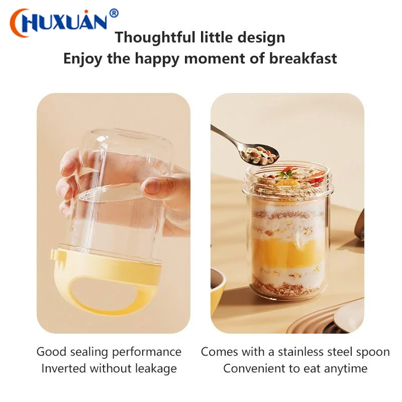Q Glass Overnight Oats Cup With Airtight Lid Stainless Steel Spoon For Breakfast Commute Outdoor Storage