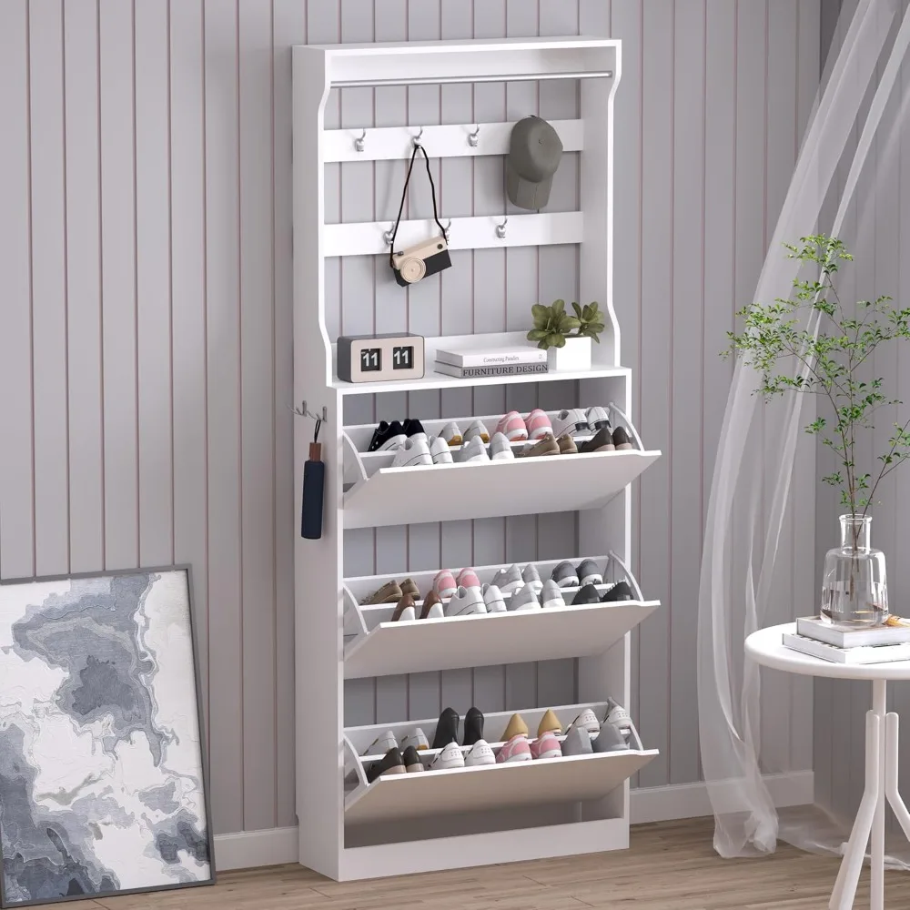 Shoe cabinet with 3 flip drawers and hangers, narrow hidden shoe cabinet, 2 in 1 hall tree slender freestanding shoe rack