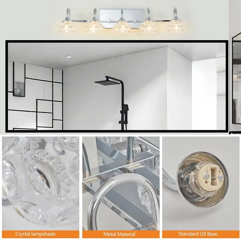 تركيبات إضاءة الحمام ذات 5 مصابيح كريستالية عتيقة بلمسة نهائية من النيكل مقاس 29 بوصة مع ظلال زجاجية شفافة #5