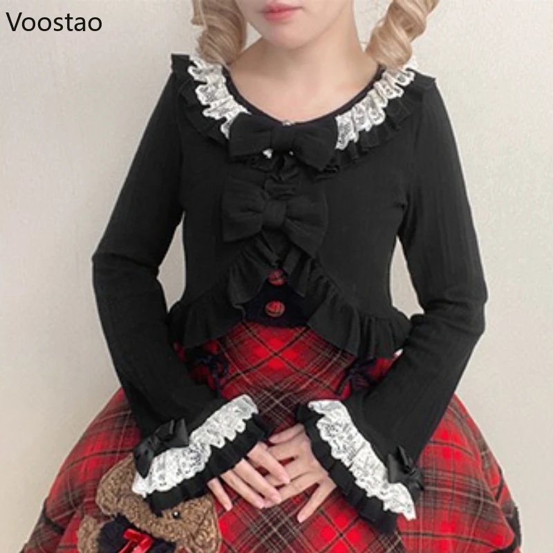 Japanse Kawaii Lolita Stijl Gebreid Vest Vrouwen Zoete Boog Ruches Kant Patchwork O-hals Trui Jas Casual Elegante Leuke Top