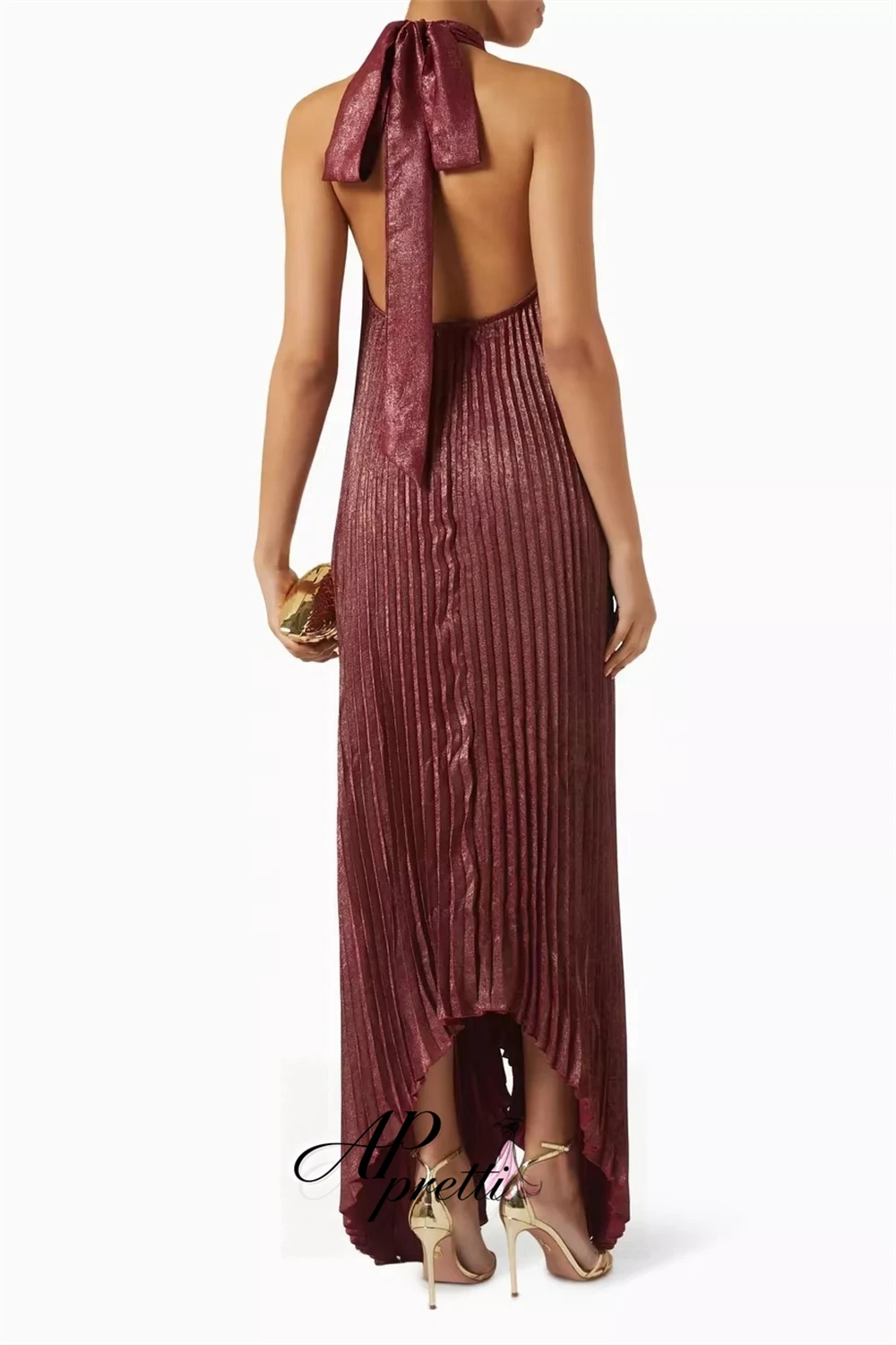 AP pretti Chic Halter Evening Dress Customized Sleeveless Metallic Pleated Floor‑Length Formal Party Gown Prom Dress For Women