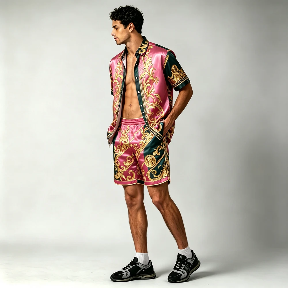 2026 Summer Charm Men's Short-Sleeve Shirt with Irregular Geometric Baroque Pattern Print Outdoor Party Casual Festival Gift Men