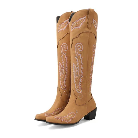 Embroidered Cowgirl Boots 2024 New Knee High Boots for Women Low Heels Lady Shoes Slip on Square Toe Western Cowboy Boots