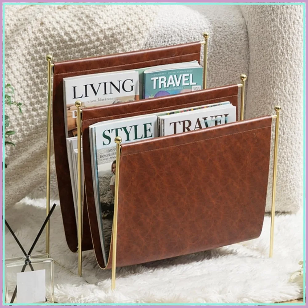 

2 Tier Leather Magazine Rack, 16 x 14 Inch Floor Standing Metal Wire Newspaper Organizer for Home Office Living Room