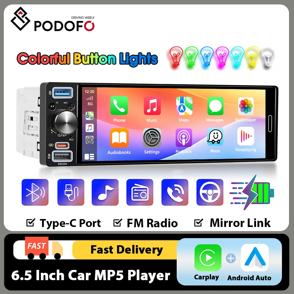 Podofo 1DIN 6,5 Zoll Universal-Autoradio mit integriertem Wireless Carplay und Android Auto, BT, FM, Unterstützung für Typ-C/USB und Rückfahrkamera