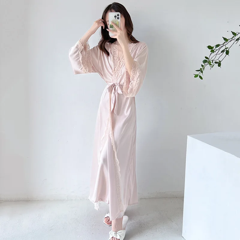 Women Sundress Dress Home Sleepwear Long Bathrobe Palace Loungewear Nightdress Lace Sexy French Princess Nightgown two-piece