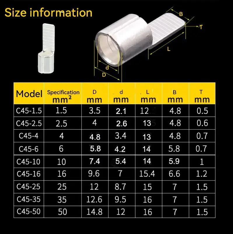 C45 DZ47 Circuit Breaker Terminal Tinned Copper Blade Spade Crimp Lug MCB Busbar Connector 1.5-16mm² AWG16-6 Insulated 20sets