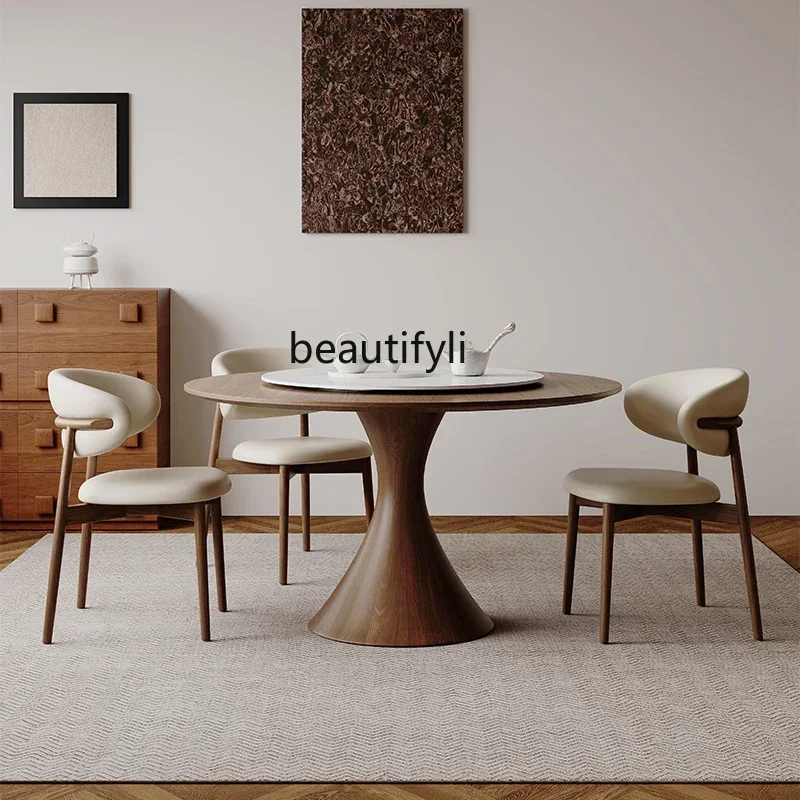 

FA Retro Walnut Style Solid Wood round Table Household Small Apartment with Turntable round Dining Tables and Chairs Set