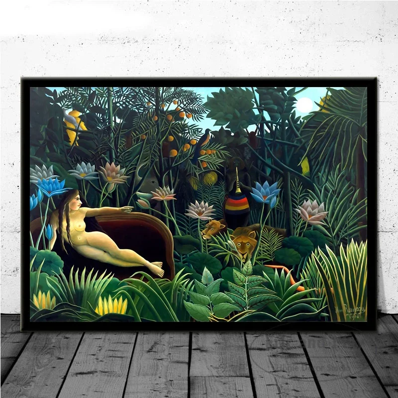 1PC frameless decorative art print,Vintage Henri Rousseau Tropical Jungle Animals Forest Poster Canvas Painting Botanical Wall A