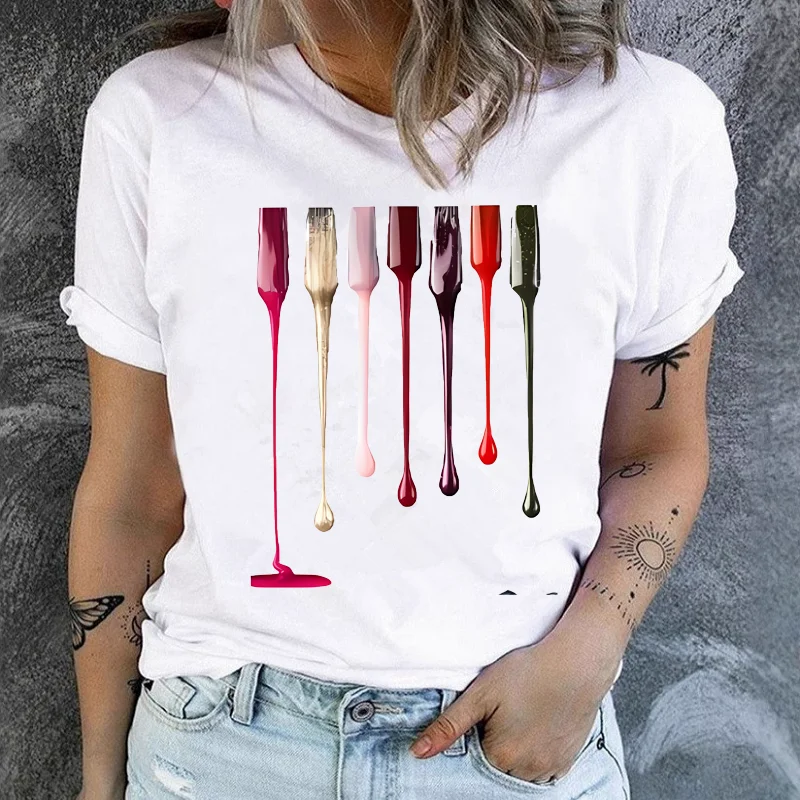 

Short-sleeved T-shirt Women's Nail Polish Print Round Neck Tshirt Harajuku Aesthetic Clothes Tops Summer polyester fabric