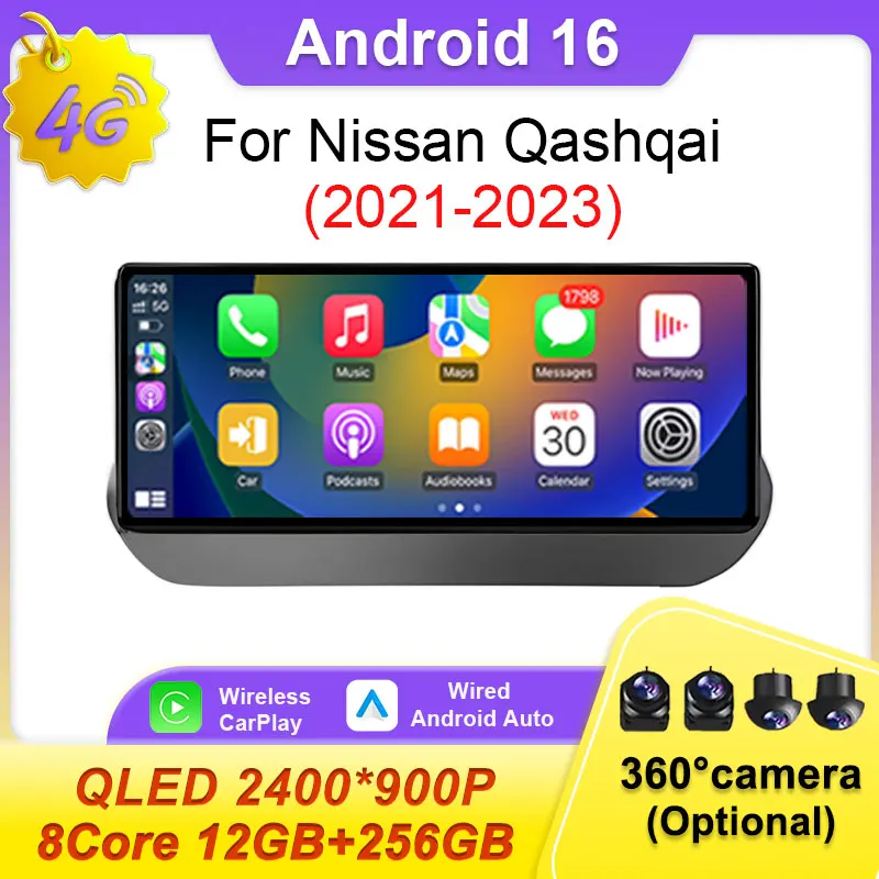 Автомагнитола Android 16 с экраном 12.3 дюйма, Bluetooth, беспроводной CarPlay, 4G, Wi-Fi, стерео, разделенный экран, мультимедиа для Nissan Qashqai 2021-2023, GPS-навигация