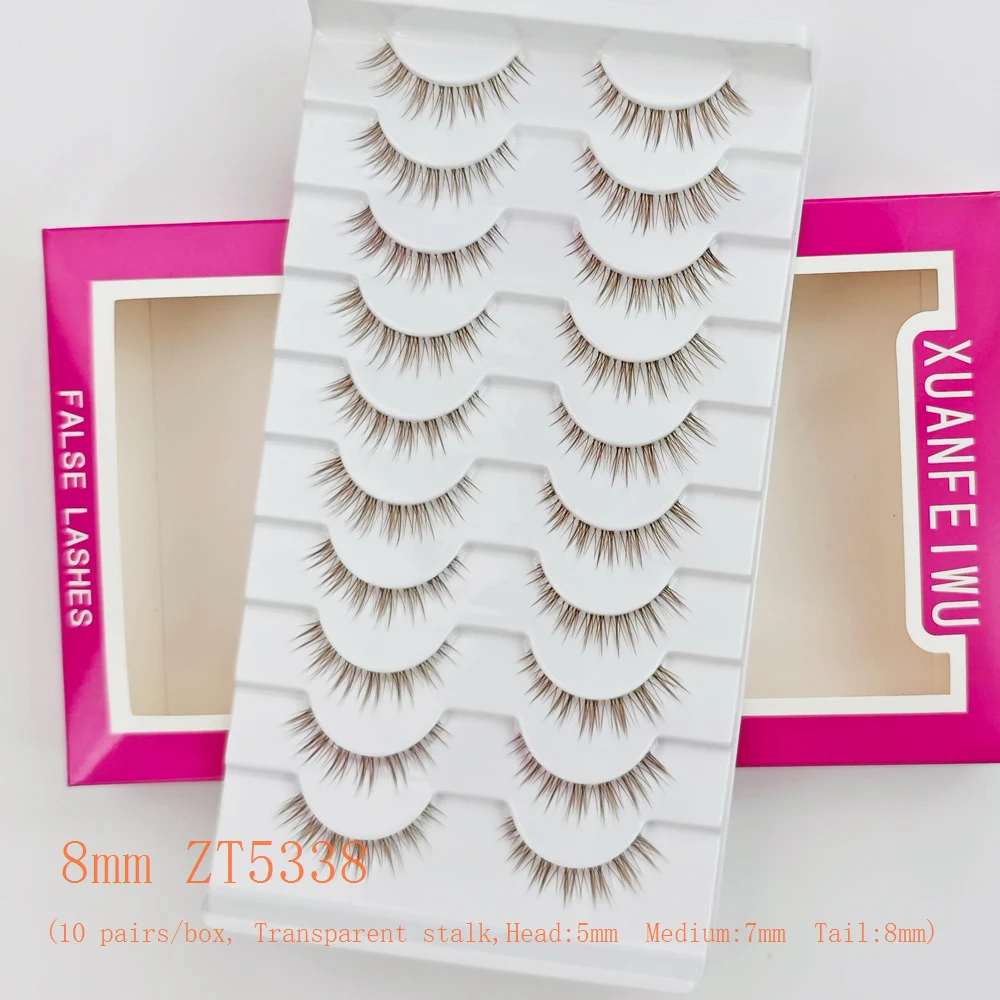 Xuanfeiwu natürliche schräge hellbraune karamellfarbene Wimpern mit transparentem Stiel, vorne kurz und hinten lang, länglich an der Außenecke, falsche Wimpern im Fuchsstil, einteiliges, natürliches Make-up, realistische Wimpern