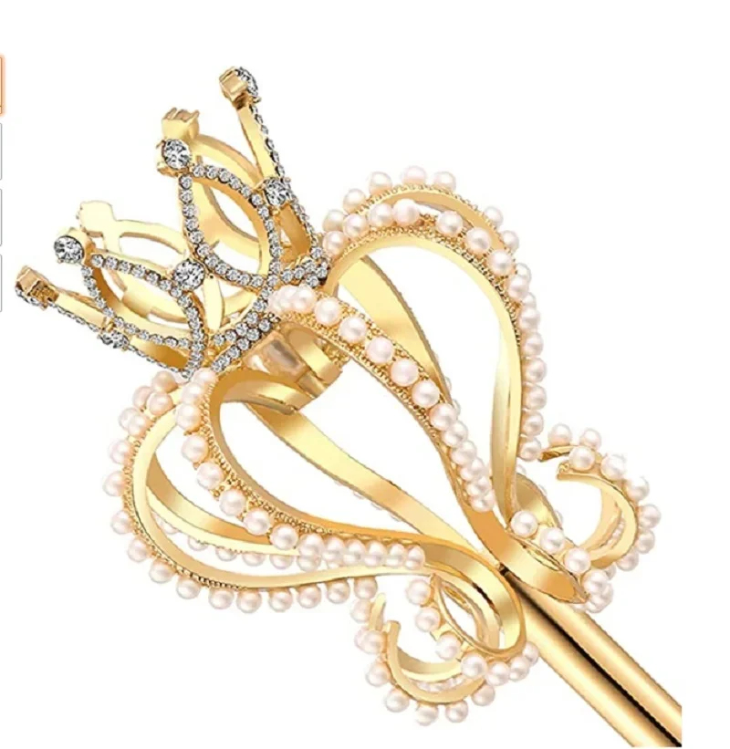 Cosplay Props Gold Pearl Rhinestone Scepter Magic Party Wand Pageant Costume Queen Accessory Dress Up Cetro