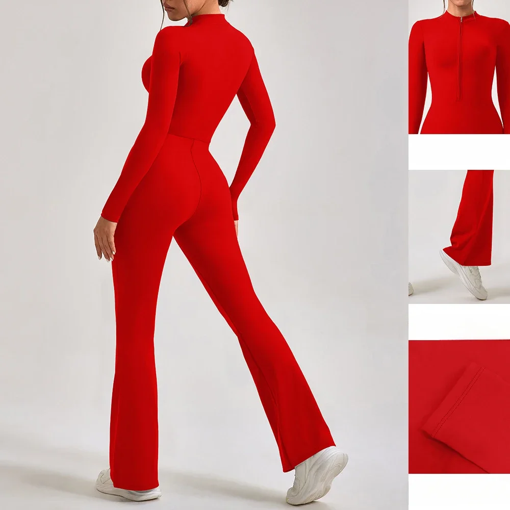 

Zipper long sleeved long pants micro flared jumpsuit slim fit women's hip lifting exercise fitness yoga suit sportswear gym set