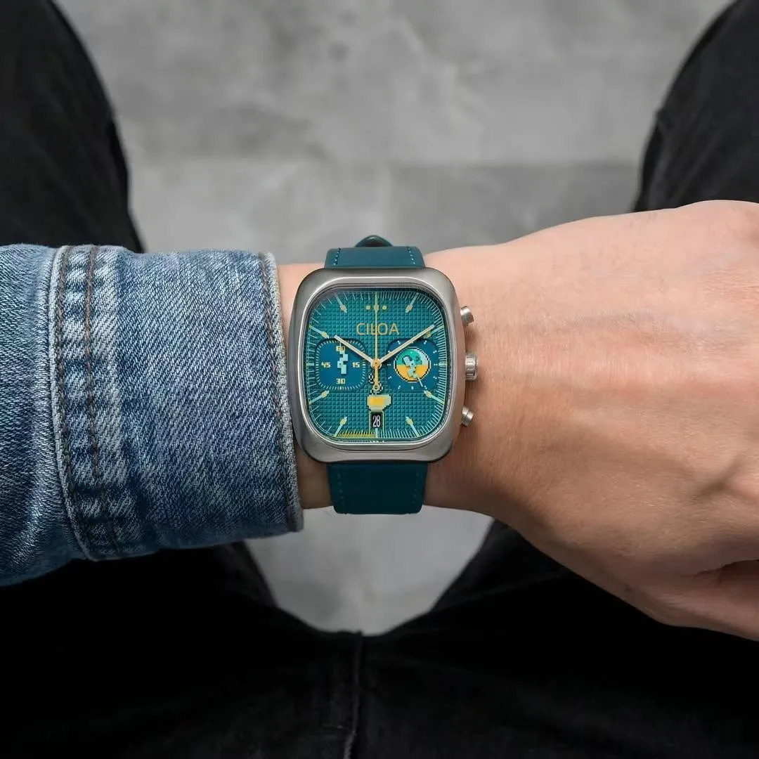 CILOA Classic Retro Square Chronograph Mens Wristwatch Dual Small Dials Date Adjustable Leather Strap Street Daily Wear Watch