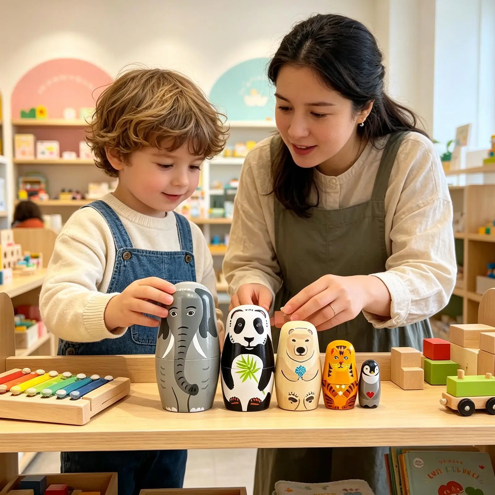 Russian Dolls Wooden Cute Funny Russian Stackable Toys 5-Piece Animal Dolls Home Decor For Adults Kids Boys Girls Bedroom Table