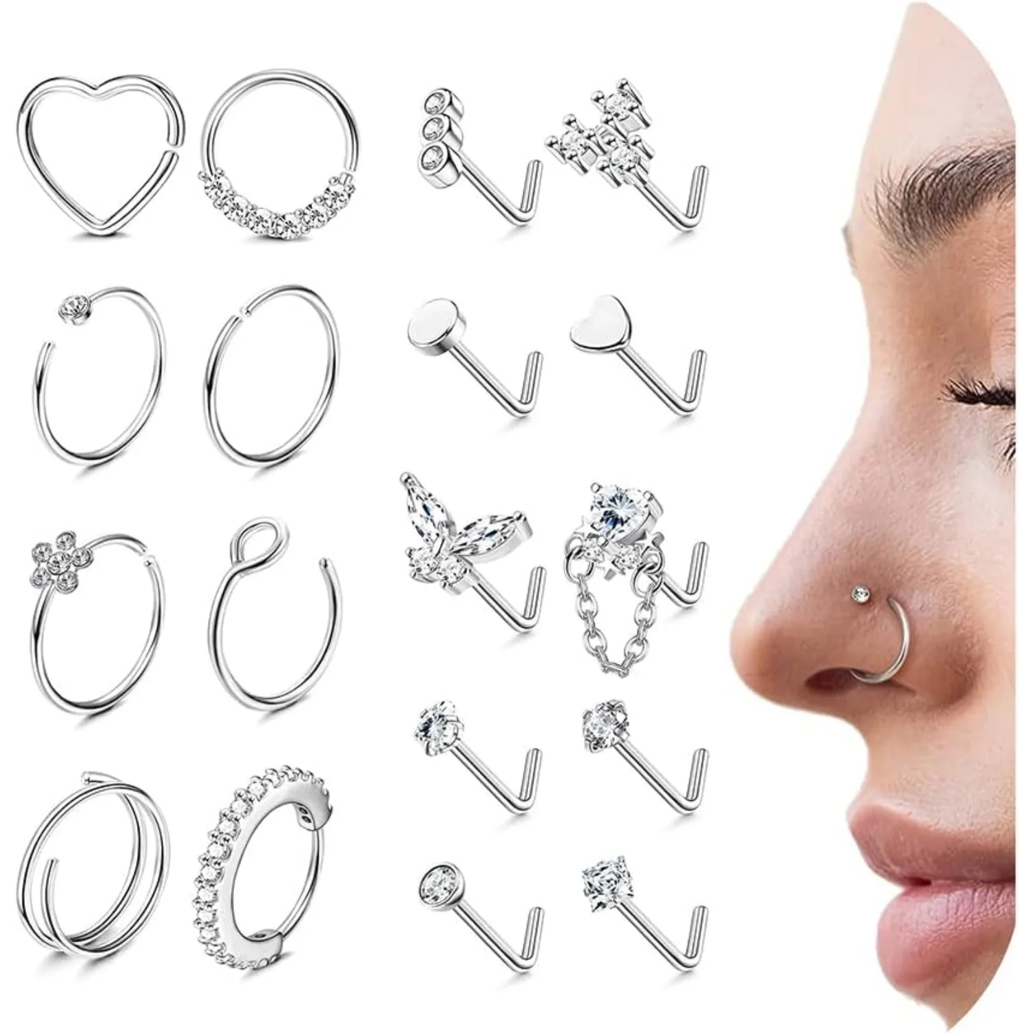 

Florideco 18Pcs Stainless Steel Nose Rings for Women Men CZ L Shape Nose Studs Heart Square Nose Hoop Helix Piercing Jewelry 20G