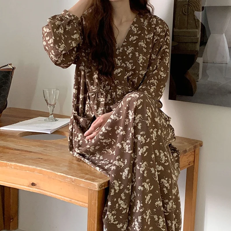 Early Autumn Vintage Ele V-ne Floral Loose Long Sve Dr Women's Long Dr Korean Sle Commute mid Waist Skirt