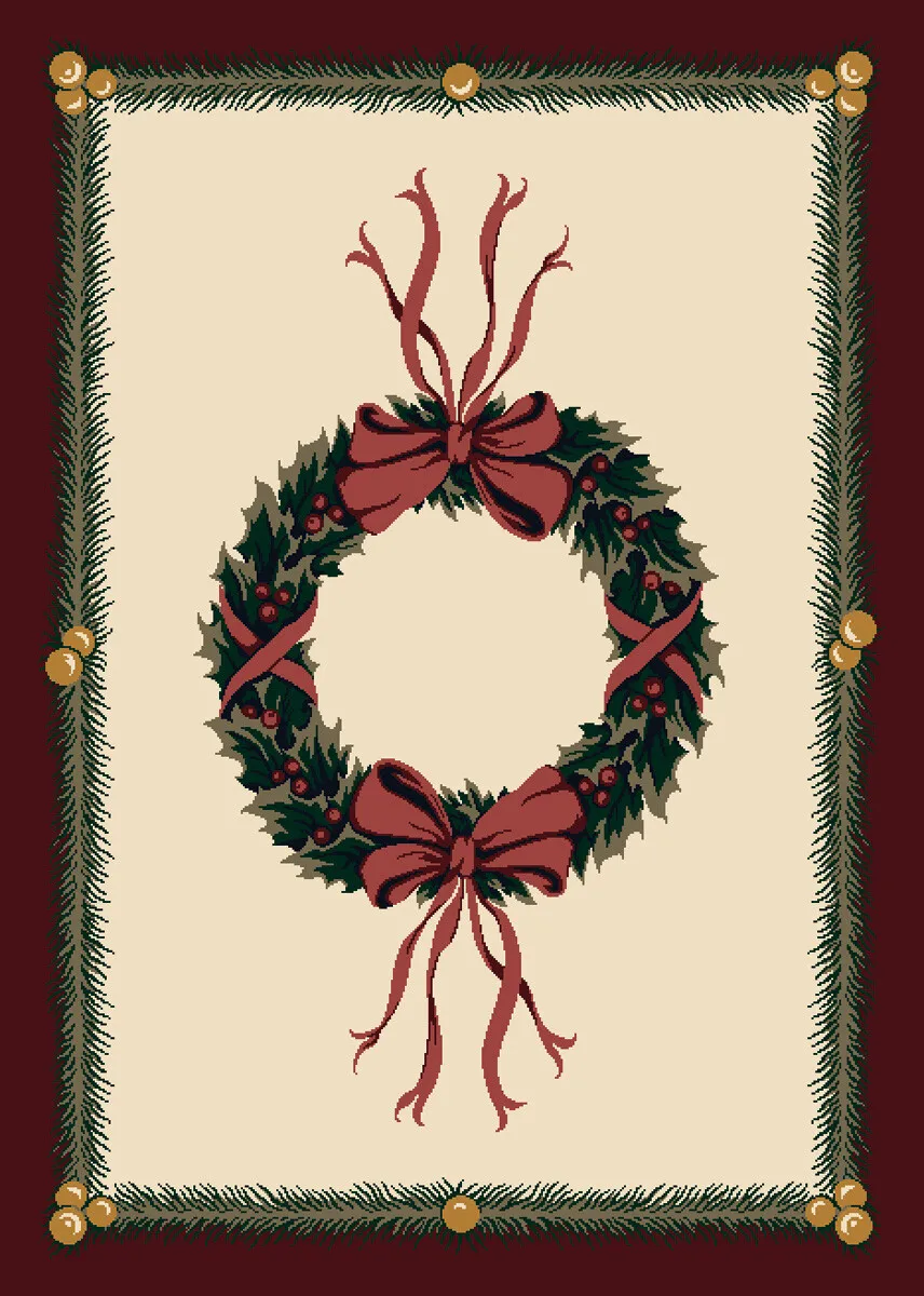 Festive Christmas Wreath Area Rug Red Ribbon Holly Berries Beige Background Green Border for Cold Floors Machine washable