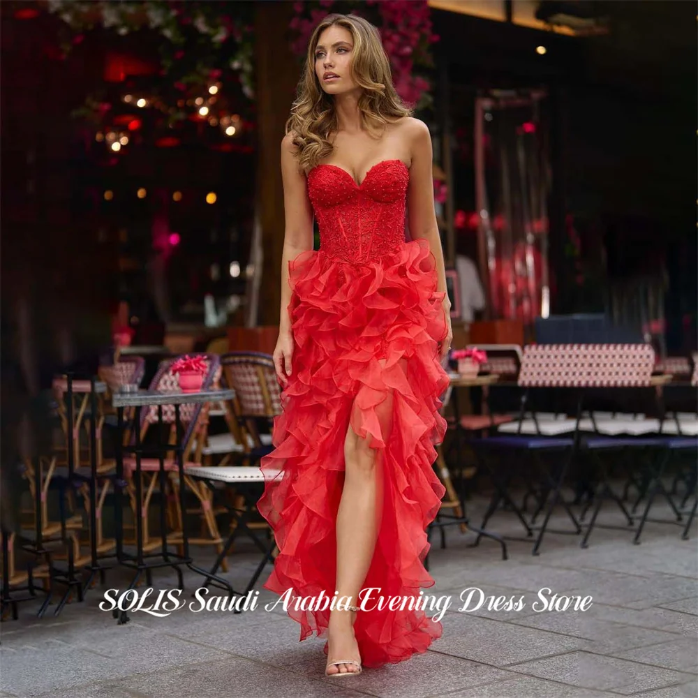 SOLIS Red 프롬 드레 Strapless A Line Prom Gown Sleeveless Side Split Party Dress for Formal Event Beading On Chest Customized