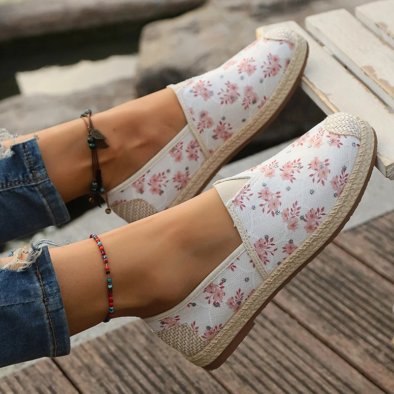 Ademende Canvas Flats Vrouwen Mode Bloemen Print Anti-Slip Espadrille Schoenen Voor Vrouw Herfst Comfort Platte Hak Casual Schoenen