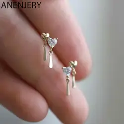 ANENJERY Silver Color Micro Zircon Love Heart Sequins Tassel Mini Stud Earrings For Women Gentle Temperament Jewelry Gifts