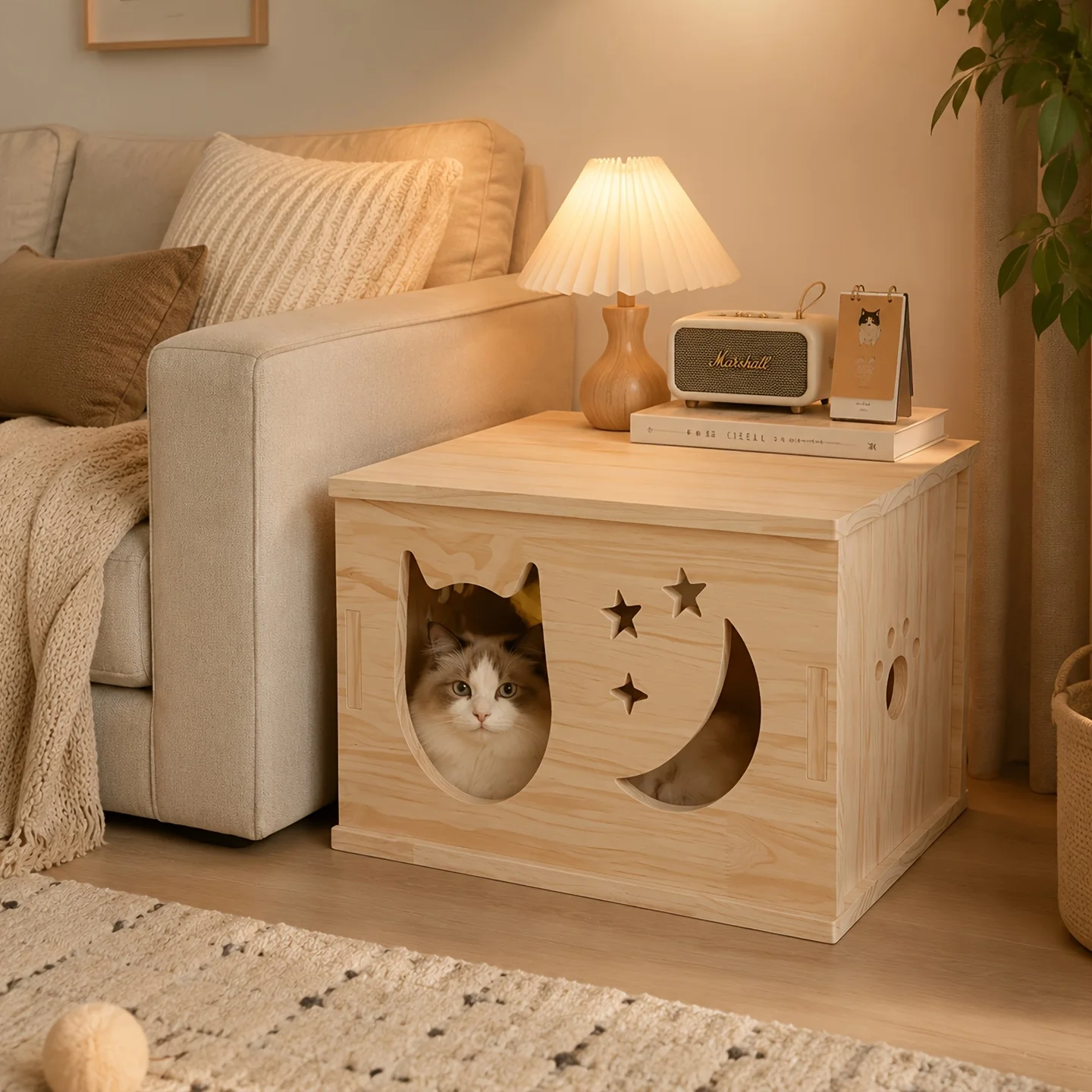 Cute Cutout Wooden Cat House End Table 2-in-1 Pet Furniture Cozy Privacy Cat Cave Bed Sturdy Bedside Table Cat Shelter Bedroom