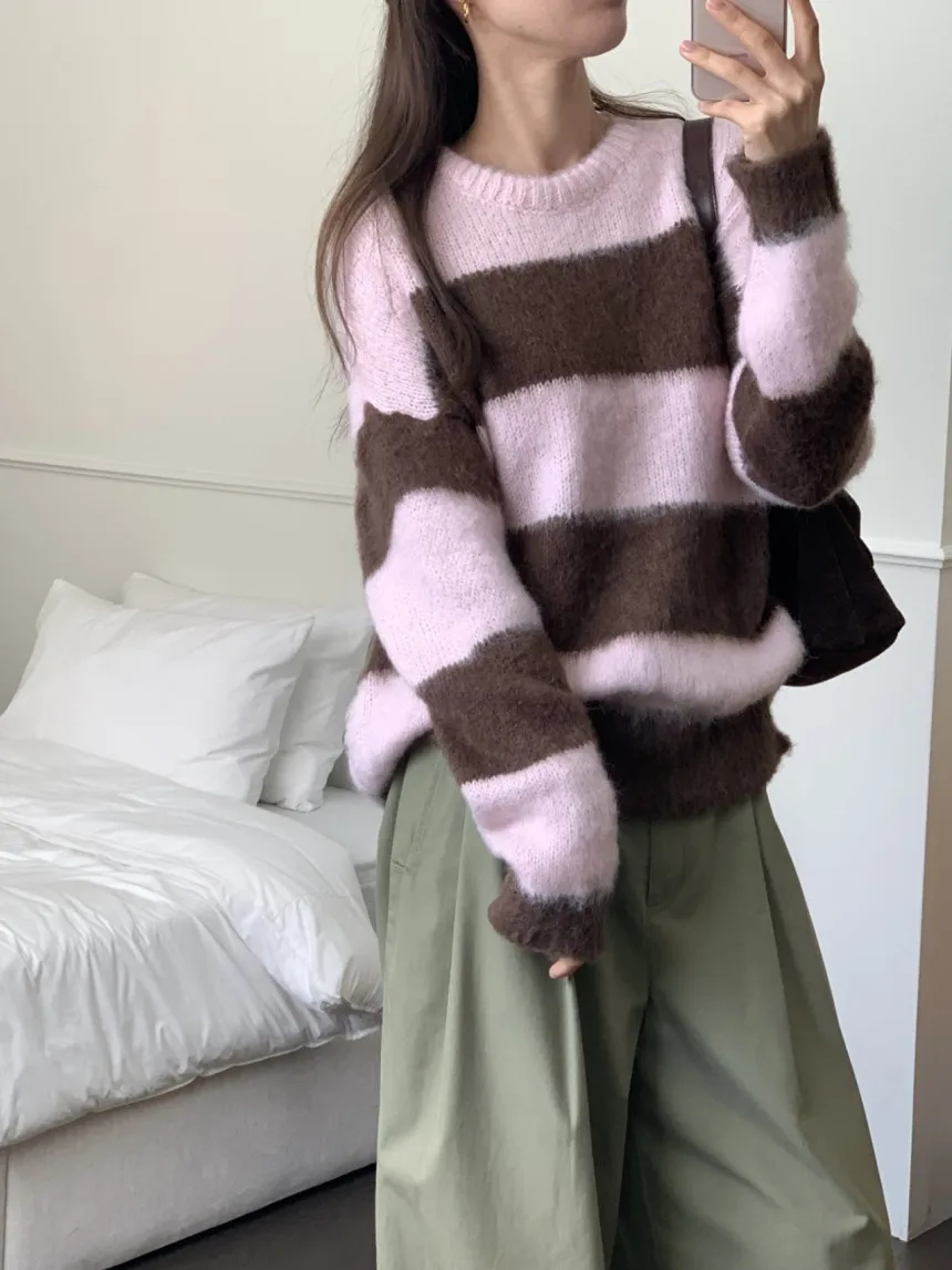 

Повседневный шикарный цветной круглый свитер Ne, женский осенне-зимний свободный крой, полосатый трикотаж, длинный топ, верхняя одежда