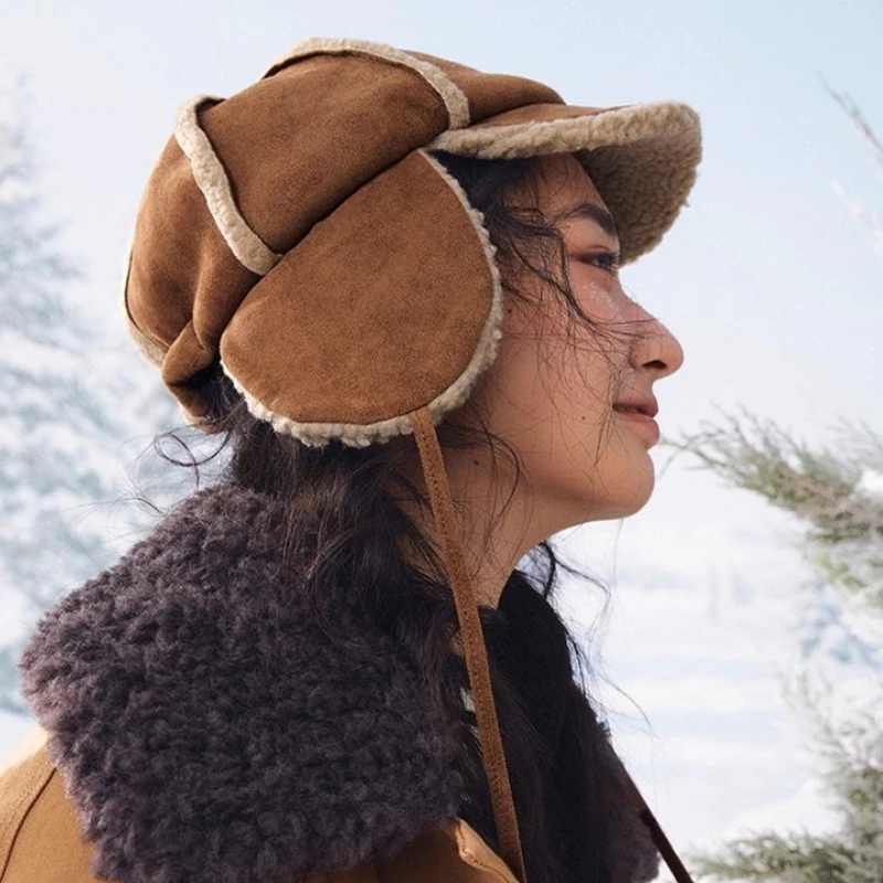Winter Thickened Plush Splicing Suede Bomber Hat for Men and Women Outdoor Riding Warm Ear Protectors Versatile Straps Pilot Cap