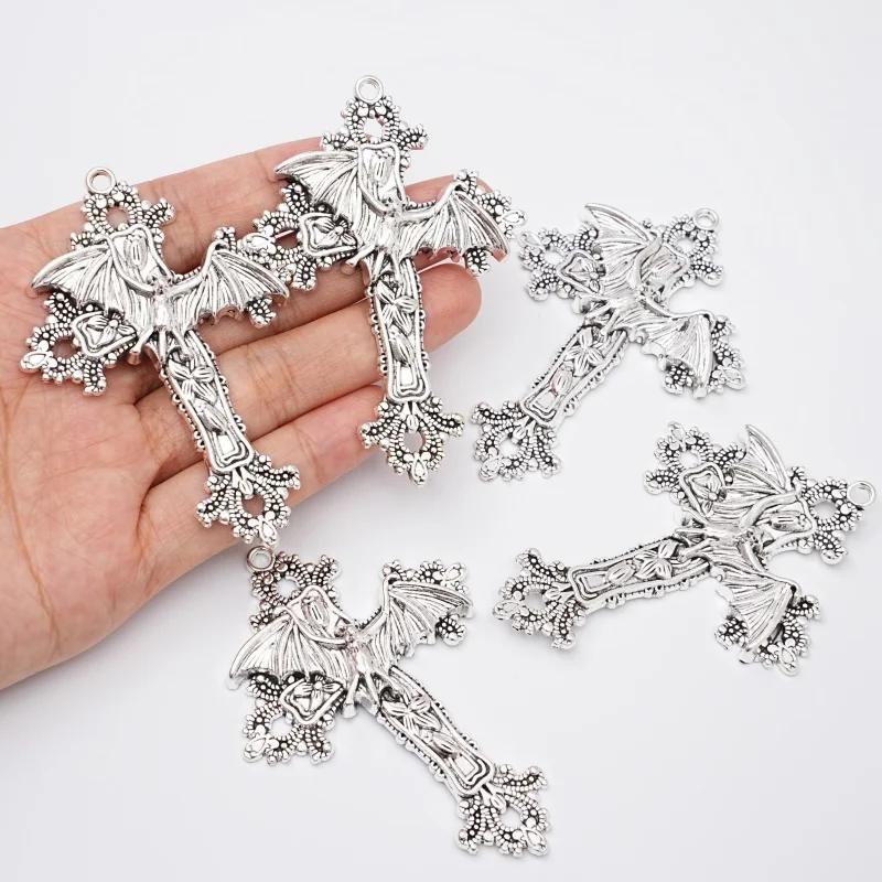 1Pc Gothic Antique Silver Bat Wing Cross Alloy Pendant for DIY Necklace, Bracelet, Jewelry Making Supplies