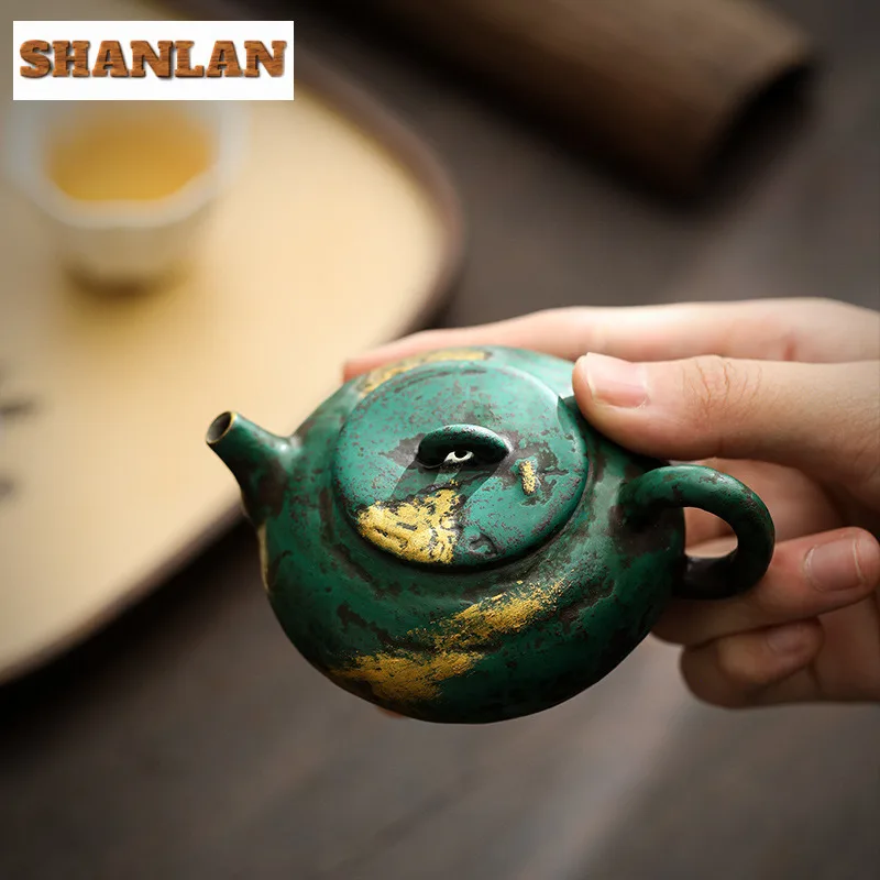 High-end Coarse Pottery Lacquer Green Teapot Antique Gilded Old Rock Mud Art Pot Tea Soaking Kettle Tea Ceremony Supplies Gift