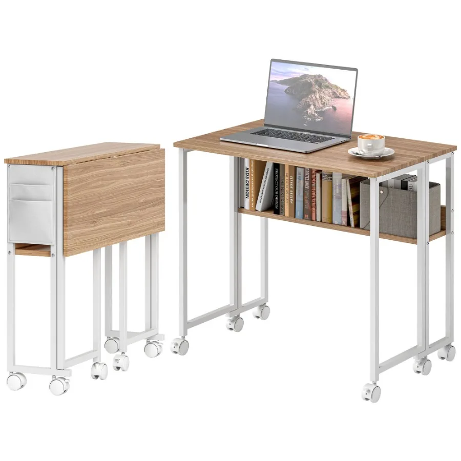 

HOMCOM Folding Computer Desk Foldable Desk with Storage Bag Shelf and Wheels for Small Spaces Home Office Natural Wood