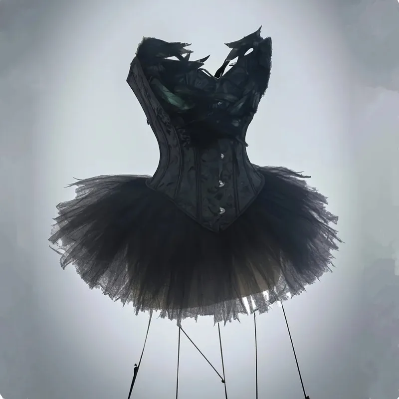 Swan Half-Body Puff Skirt + Lace Jacquard Fitted Corset Dress And Spice Girl Stage Performance Outfit