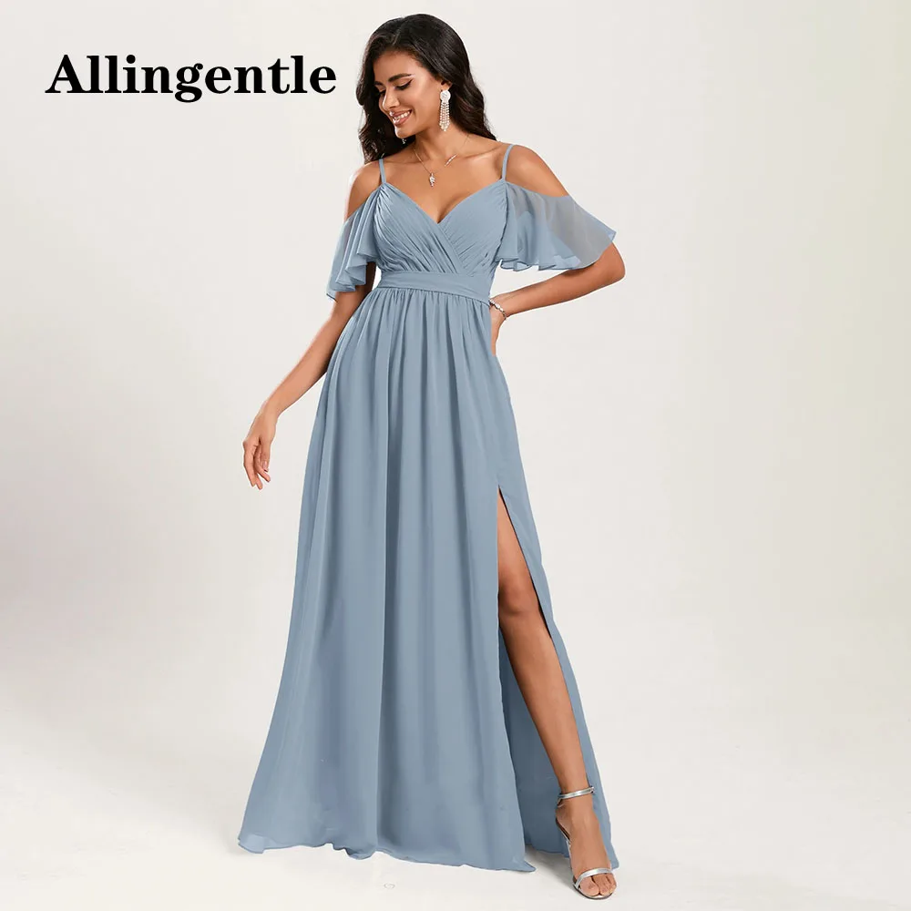 Allingentle-Robe de Demoiselle d'Honneur Trapèze, Col en V, Bretelles Spaghetti, Manches Courtes, Longueur au Sol, Fendue sur le Côté, en Mousseline de Soie, Tenue de Soirée pour Femme